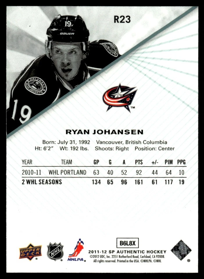 2011-12 SP Authentic Rookie Extended Ryan Johansen Columbus Blue Jackets #R23 . - Image 2 of 2