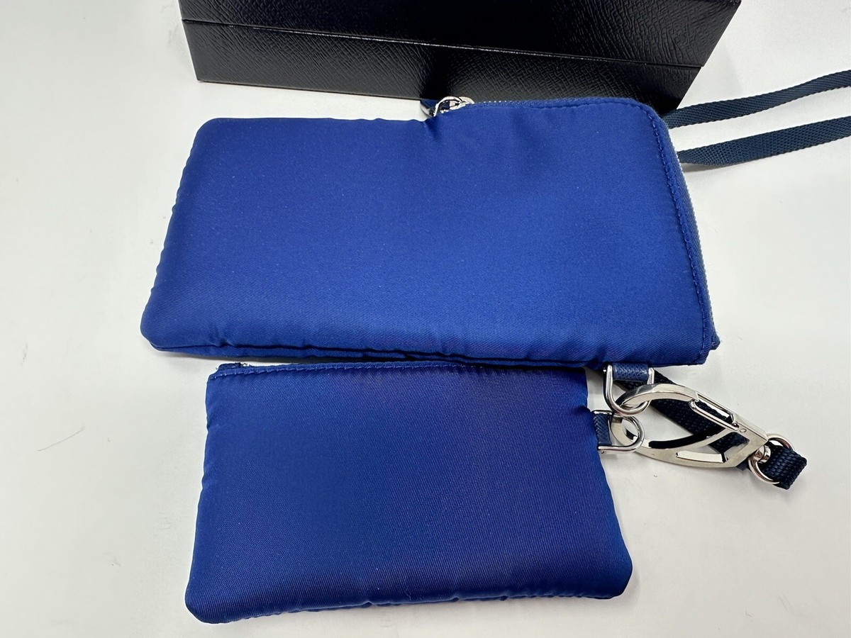 Authentic Prada Re Nylon Cellphone Case Lanyard 2 Pouch Blue
