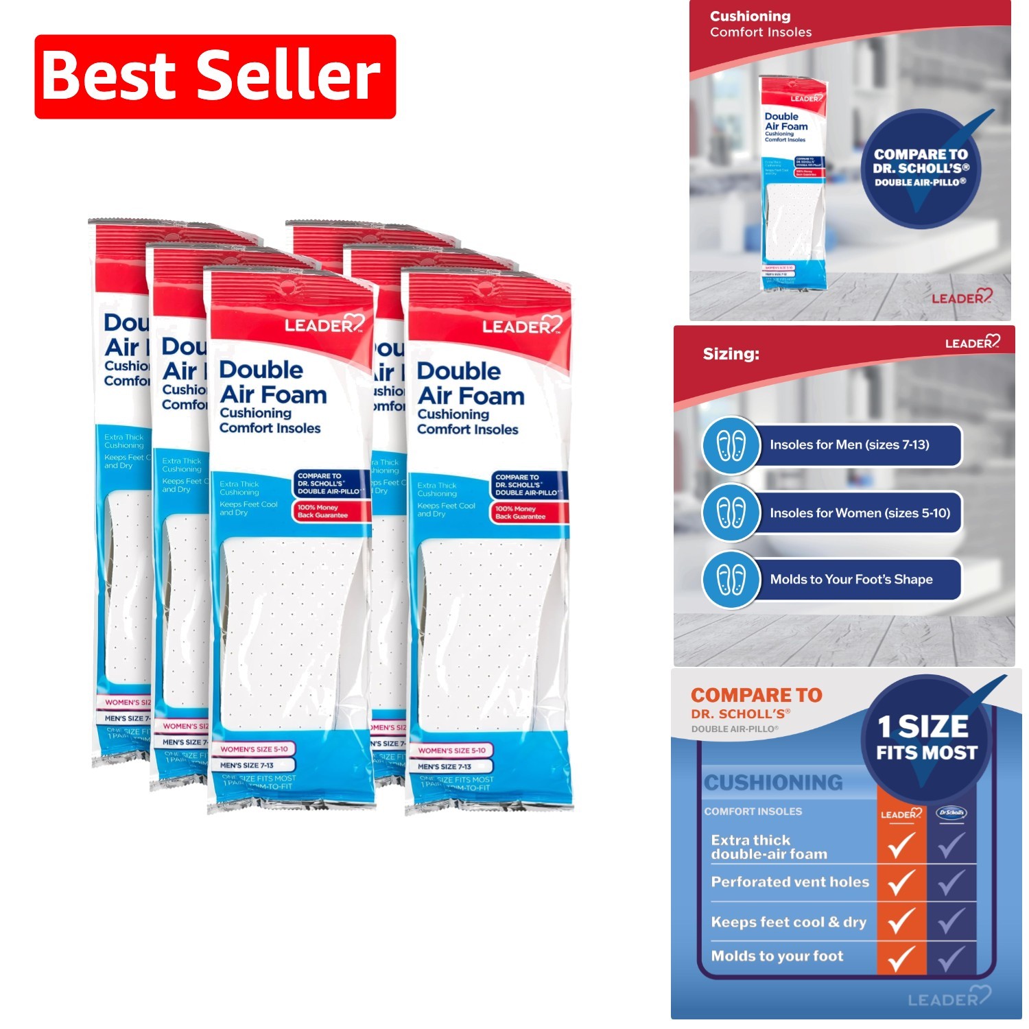 Double Air Foam Insoles - Extra Thick Cushioning for Cool, Dry Comfort - 1 Pair