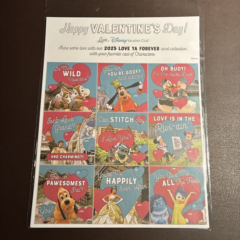 Disney Vacation Club “Happy Valentine’s Day” 9 uncut card sheet. Mint Condition.