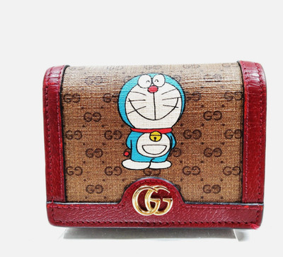 RARE! Gucci x Doraemon Collaboration Compact Wallet Brown GG Logo Red Zip Pocket