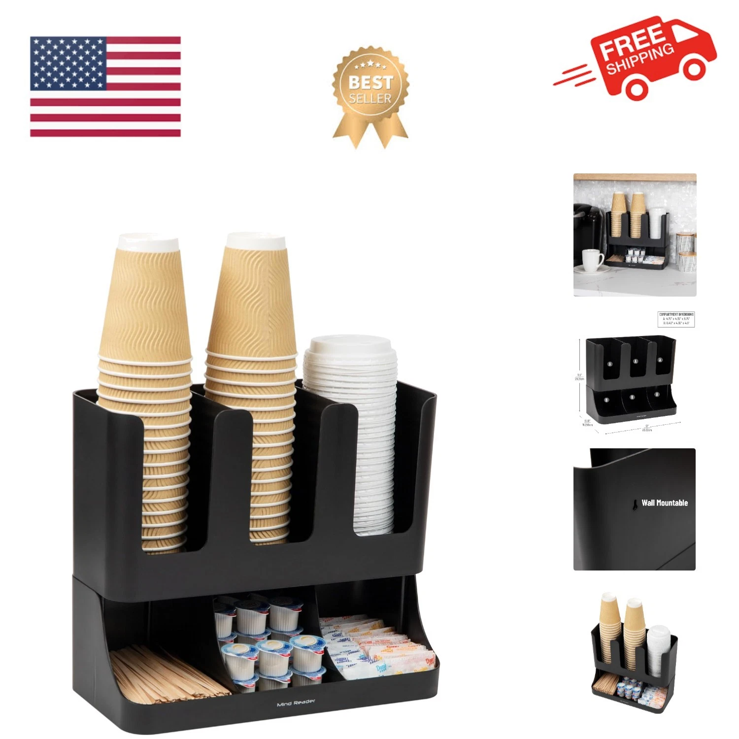 Cup and Condiment Station, Countertop Coffee Bar Organizer with 6 Compartment...