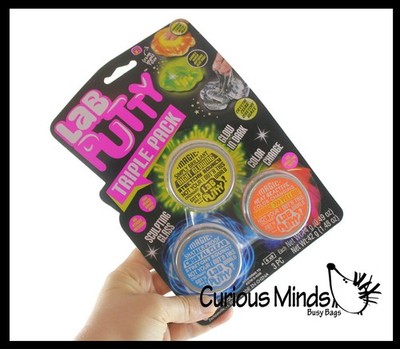 Lab Putty - Pack of 3 Different Putty Slimes in Tin Jars - Crystal Clear / Glow