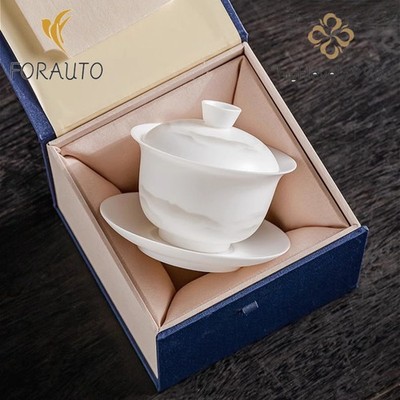 Jade Ceramics Gaiwan Teacup with Gift Box 185ml 6oz White Porcelain Tea Set