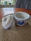 Blue and White Heart Pattern Round Ceramic Covered Dish w/ Lid and Handles — photo 2