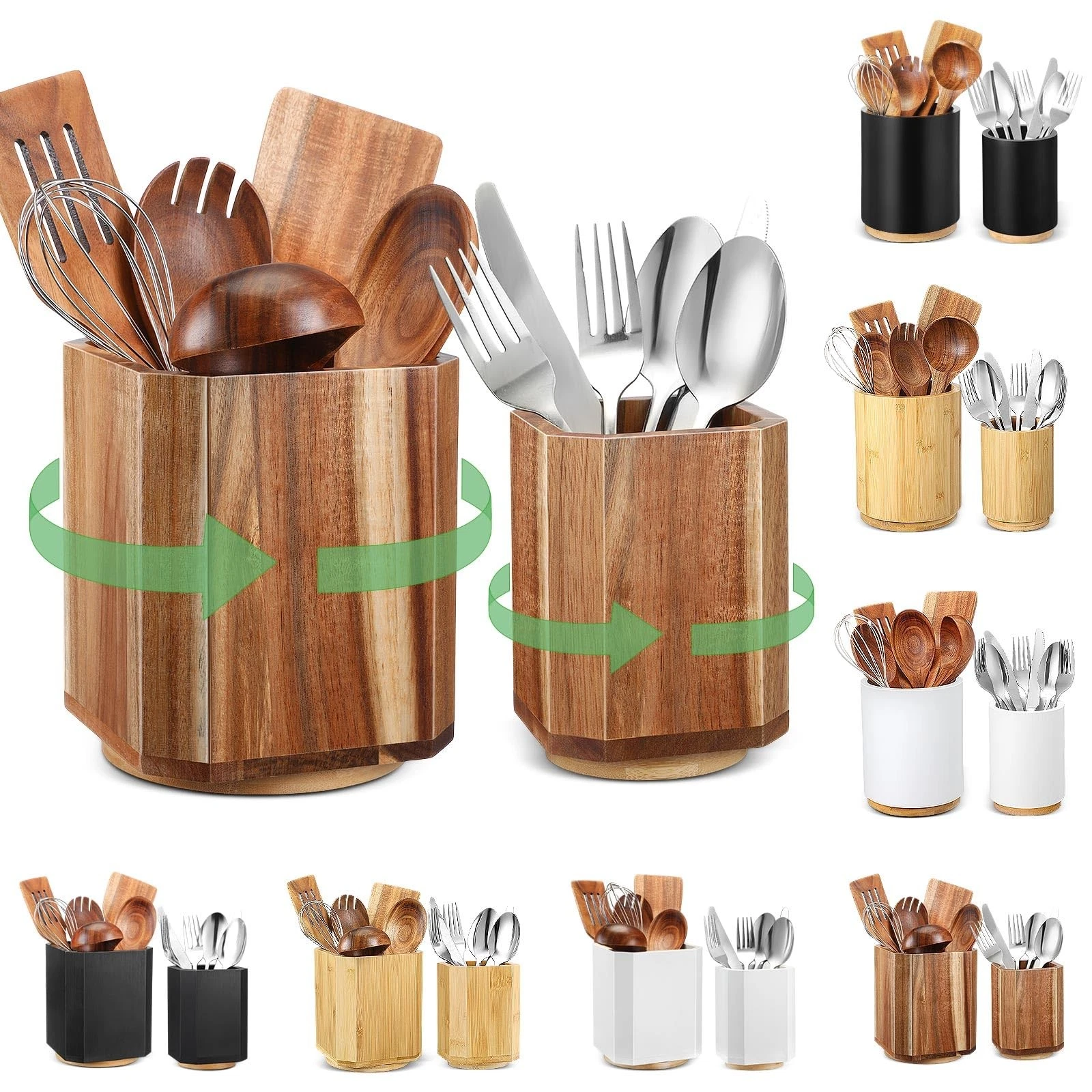 2 Pack Wooden Utensil Holder, 360°Rotating Kitchen Cooking Utensil Crock, Spo...