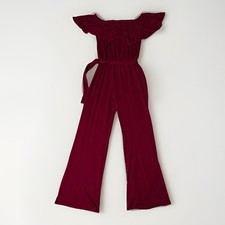 LOVE Off-The-Shoulder, Wide-Leg Jumpsuit Maroon Size L Ruffle Tie Belt