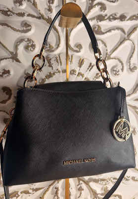Michael Kors Sofia Small Satchel Black Saffiano Leather Gold Chain Shoulder Bag