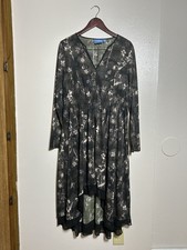 Simply Vera Wang Black  Gray Pink Floral Pleated Midi Dress V-Neck Long Sleeve L
