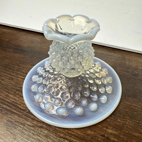Vtg Fenton Hobnail Ruffled Opalescent Moonstone Glass Candlestick Holder