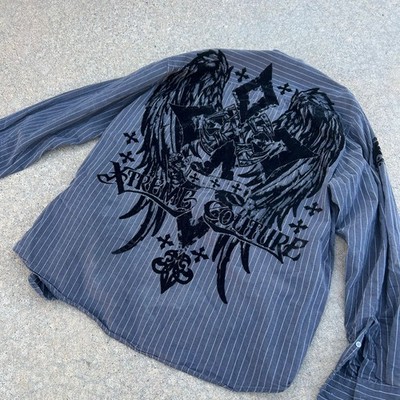 Xtreme Couture By Affliction Men's Gray Pinstripe Long Sleeve Button Down Shirt 