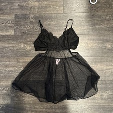Victoria Secrets Mesh Babydoll Lingerie Gown Sheer Black Lace Size Lg