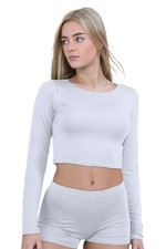 Womens Crop Top Long Sleeve Ladies Plain Crew Neck Summer Vest T-Shirt Tops 8-14