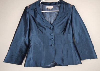 Kay Unger Women's Size 4 Cotton Silk Rayon Teal Blazer Jacket Shoulder Pads