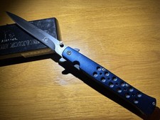 Falcon Stiletto Folding Knife, Blue Perforated, Black Blade, Spring Assisted New