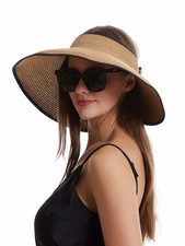 Women Wide Brim Straw Sun Visor Hat Roll Up Ponytail Packable Beach Hat Bow