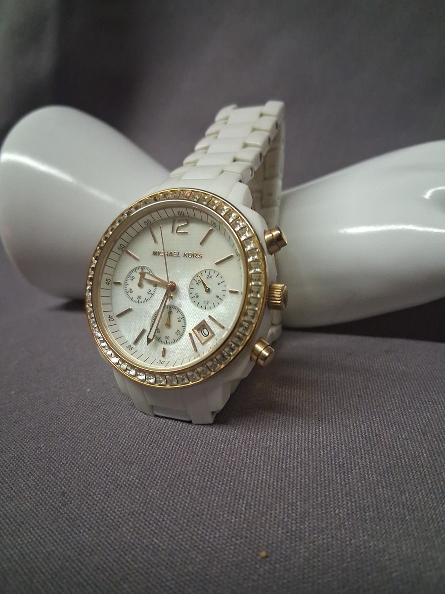 MICHAEL KORS White Acrylic Rose Gold Chrono Glitz Watch  display picture 3