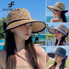 Summer Girls Sun Hats Wide Brim Bowknot Straw Hat with Ribbon Outdoor Sun Protec