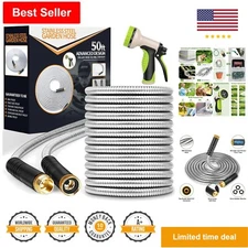 Stainless Steel Garden Hose - 50ft, Lightweight & Flexible, 10 Function Nozzle