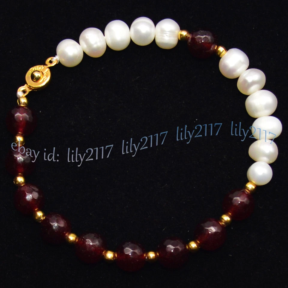 Pulseras de cuentas redondas facetadas de perlas barrocas blancas naturales de 7-8 mm de 7,5"" Foto 3 de 4