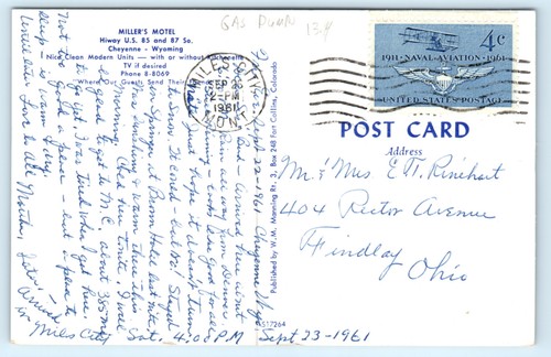 Postal de automóvil Cheyenne Wyoming Millers Motel gasolinera - Imagen 3 de 3