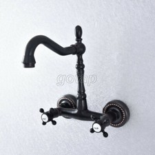 Oil Rubbed Bronze Bathroom Basin Sink Faucet Dual Handles Mixer Tap Wall Mount
