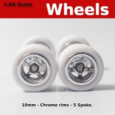 10mm/10mm Chrome rims 5 spoke White rubber tire set for Hot Wheels