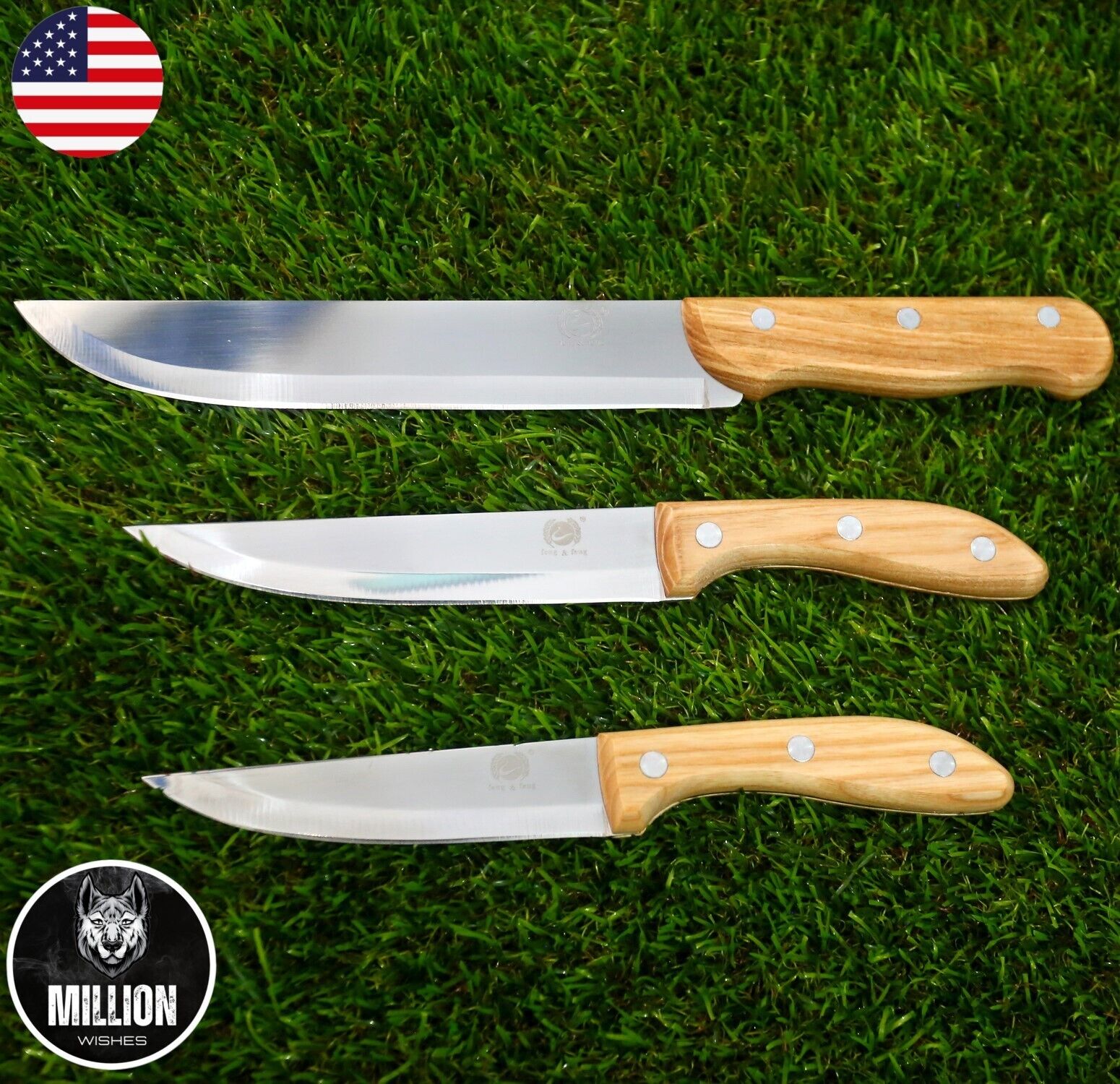 Knife 3Pcs Stainless Set Sharp Nonstick Kitchen grip blade Cut Food Vegetable