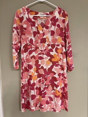 Boden Linen Leaf Print Coral Pink Red Tunic Dress 3/4 Sleeves Size 6R | eBay