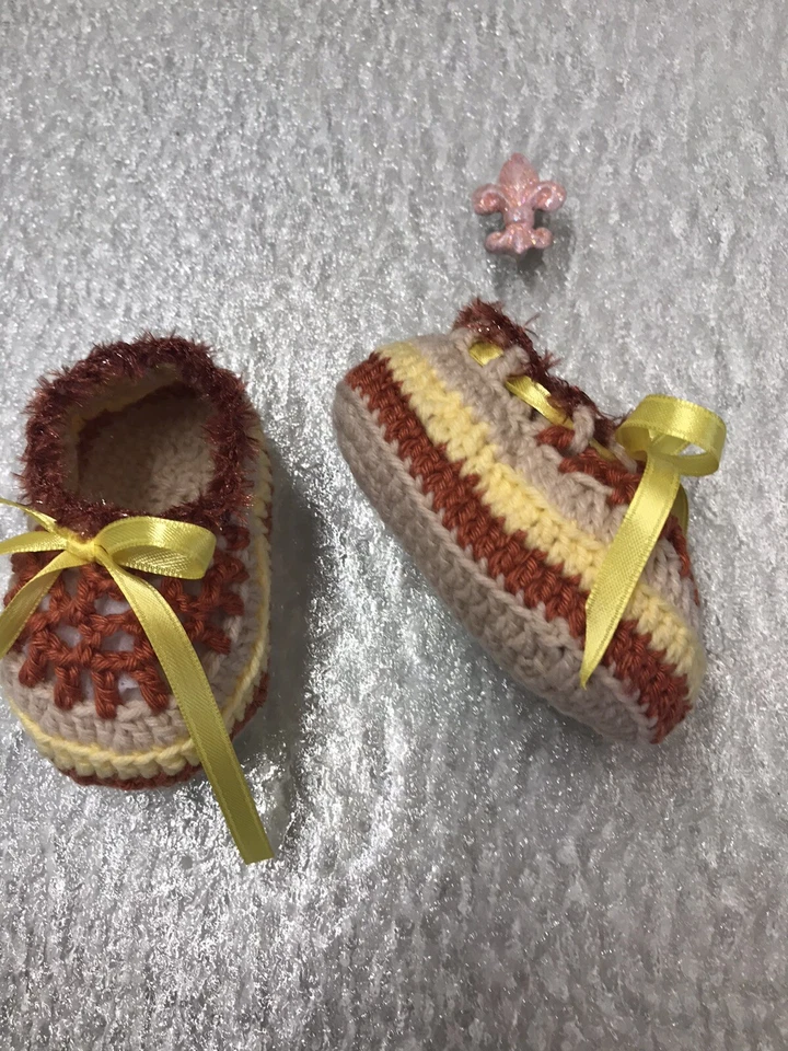 Botines Bebé Crochet Recién Nacido Regalo Botines 0-6 Meses Cosecha Marrón Beige Amarillo Foto 2 de 3