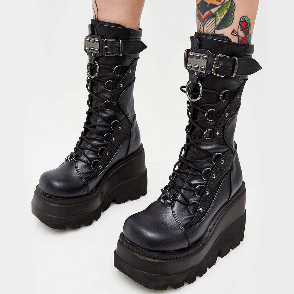 New Gothic Black Pink Punk Style Platform Mid-Calf Boots Buckle