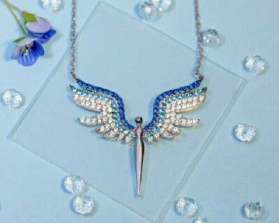 Topaz Sapphire &Diamond 14K White Gold Over Angel Wing Pendant 18 Chain Necklace