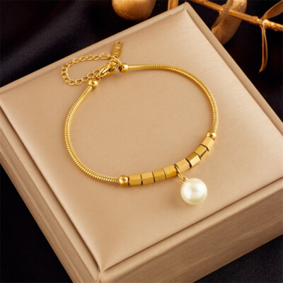 Women 18K Gold Plated Stainless Steel Pearl Dangle Charm Bracelet Bangle Jewelry