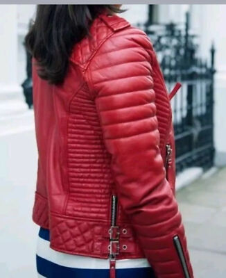 New Stylish Women Genuine Lambskin Leather Jacket Red Handmade