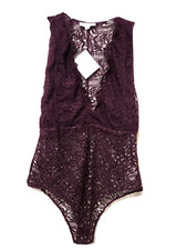 STELLA LUCE Plum Purple Sheer Lace V-Neck Bodysuit Women's Sz L NWT