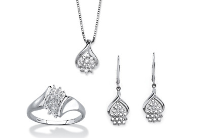 DIAMOND ACCENT CLUSTER EARRINGS NECKLACE RING SET PLATINUM STERLING SILVER