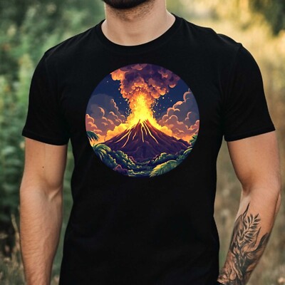 Erupting Volcano Motif Cotton Mens T-Shirt Size XS to 5XL