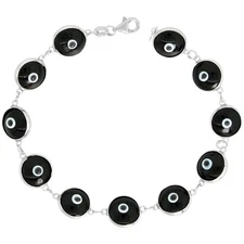 Solid 925 Sterling Silver 10MM Black Crystal Evil Eye Bracelet - 7.5"