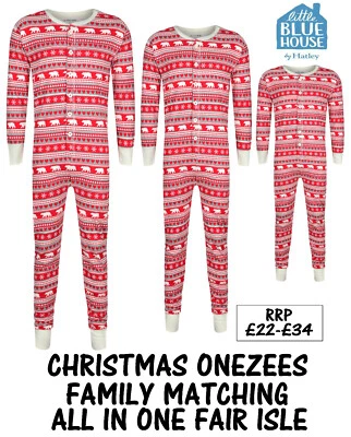 EX HATLEY CHRISTMAS PYJAMAS FAMILY MATCHING FAIR ISLE ONEZEES ALL IN ONE EX UK STORE BNWT
