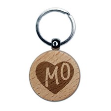 MO Missouri State in Heart Engraved Wood Round Keychain Tag Charm