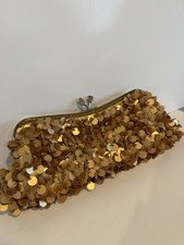 Gold Sequin Beaded Small Clutch Evening Bag w Detachable Silver Chain Strap