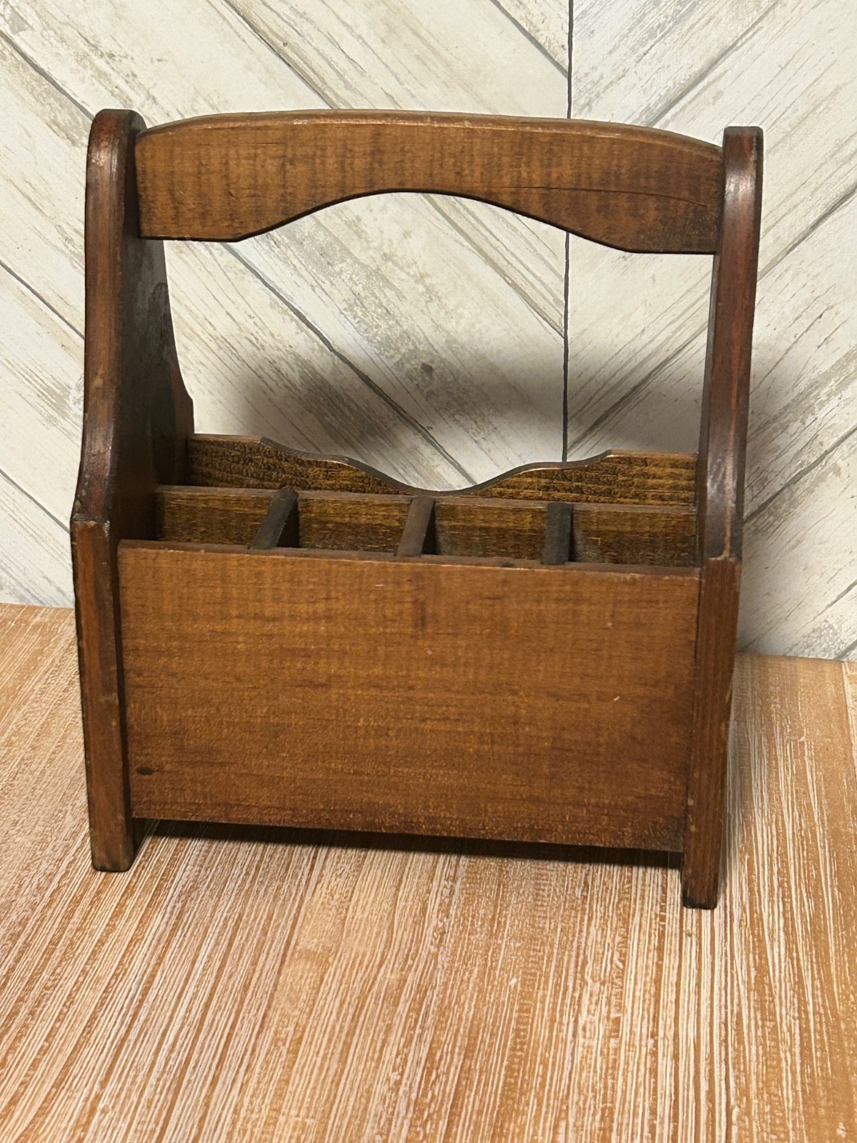 Vintage Wood Utensil Napkin Caddy Holder Wooden Box Farmhouse  8.5x10”