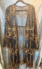 Haute Monde Black and Gold Embroidered Sheer Mesh Kimono Duster Size L