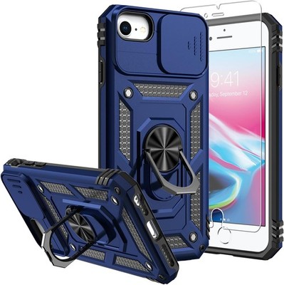 for iPhone SE 2022/3rd/2020 8/7 Case with Screen Protectors and Camera Cover, Bl