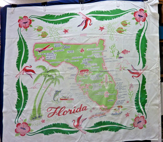 VINTAGE FLORIDA STATE COTTON SOUVENIR MAP TABLECLOTH 52'' X 47''