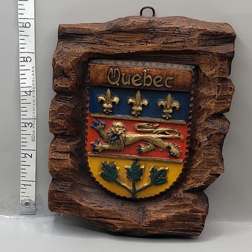 Vintage Quebec Coat of Arms Wall Plaque - Hand-Carved Wood - Canada Souvenir - Picture 1 of 8