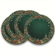 4pcs Green Christmas Wreath Round Placemats Festive Gold Red Holiday Dining Mats