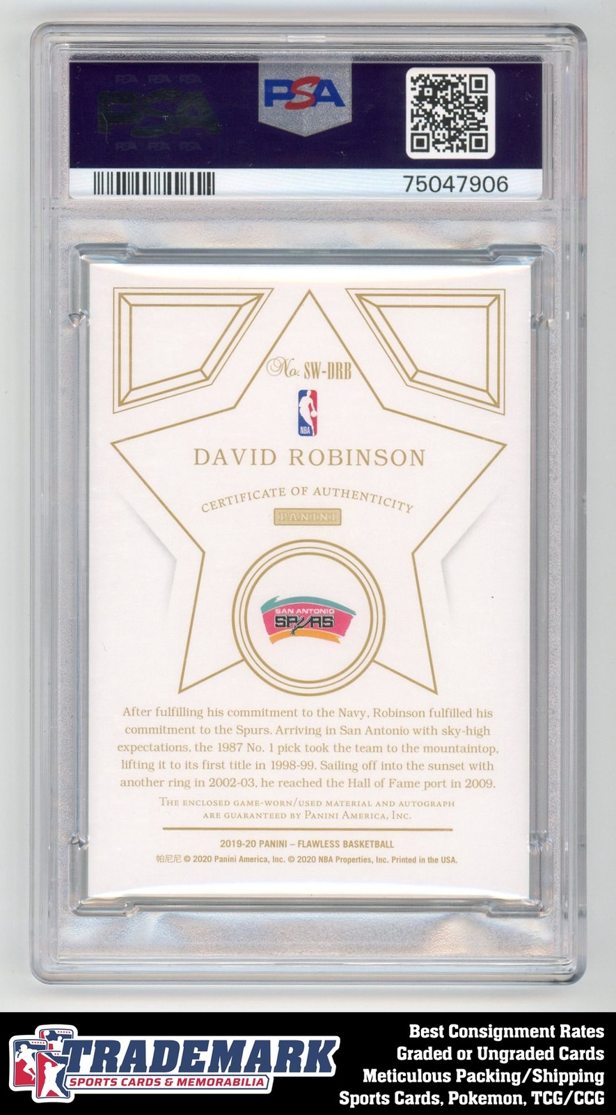 2019-20 Panini Flawless #SW-DRB David Robinson Star Swatch Auto #/25 PSA 9 view 2