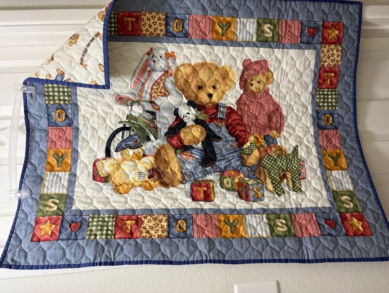 Blue Jean Teddy “ Toys”  Baby Quilt, Preowned￼