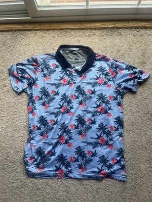 LEG3ND Men s Stretch Golf Polo Shirt Blue Floral Tropical Short Sleeve L